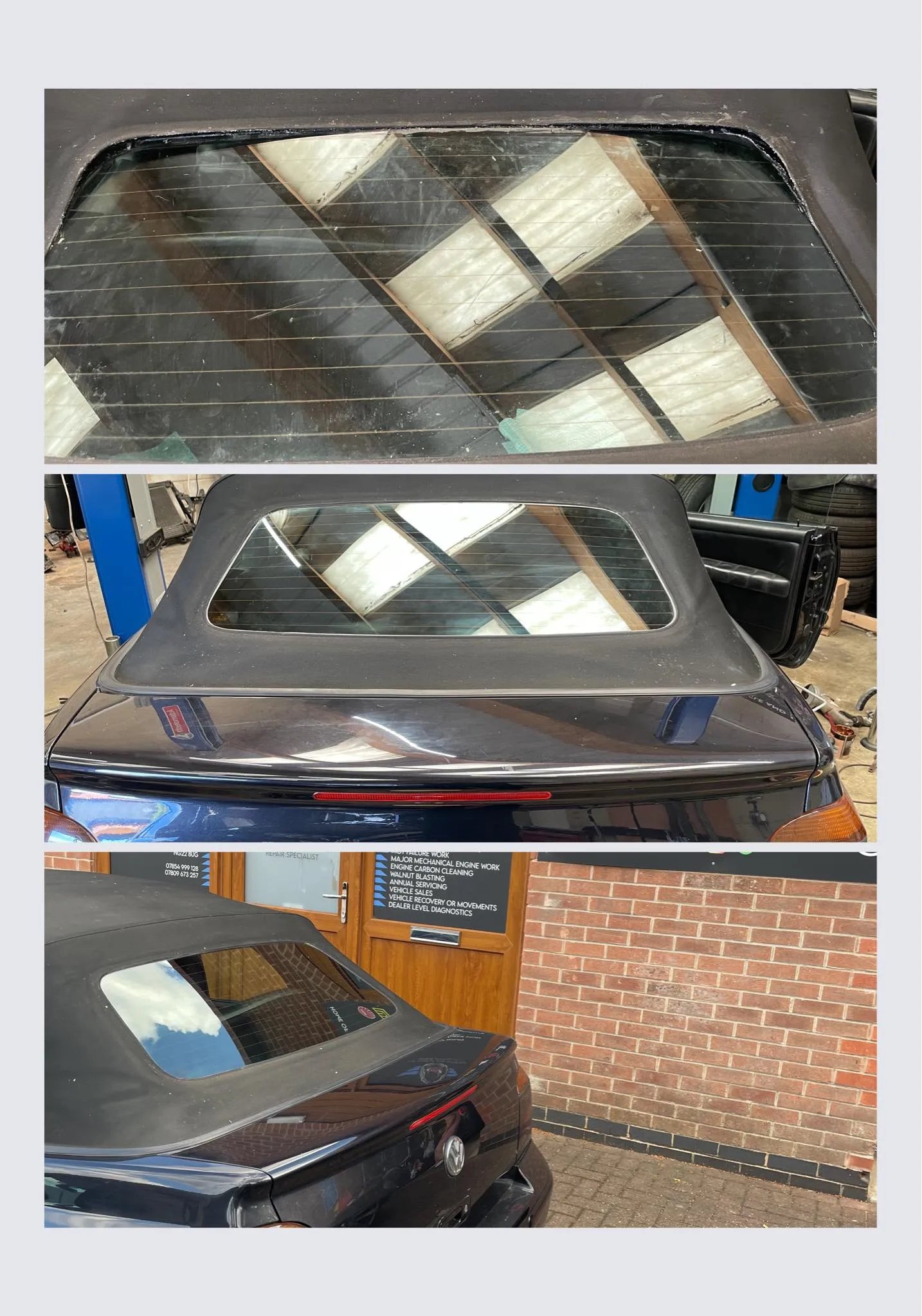 Two pictures of a car that is parked in front of a building.